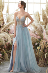 Glorious A-line Blue V-neck Spaghetti Straps Slit Beading Prom Dress-stylesnuggle