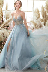 Glorious A-line Blue V-neck Spaghetti Straps Slit Beading Prom Dress-stylesnuggle