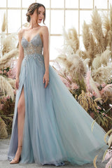 Glorious A-line Blue V-neck Spaghetti Straps Slit Beading Prom Dress-stylesnuggle