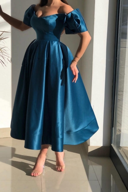 Glorious Blue Off-the-shoulder A-Line Ankle-Length Satin Evening Dresses-stylesnuggle