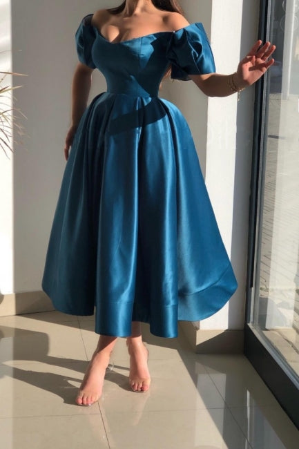 Glorious Blue Off-the-shoulder A-Line Ankle-Length Satin Evening Dresses-stylesnuggle