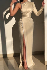 Glorious Ivory One Shoulder Long-Sleeve Sheath Evening Dresses With Sequins-stylesnuggle