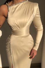 Glorious Ivory One Shoulder Long-Sleeve Sheath Evening Dresses With Sequins-stylesnuggle