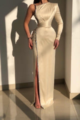 Glorious Ivory One Shoulder Long-Sleeve Sheath Evening Dresses With Sequins-stylesnuggle