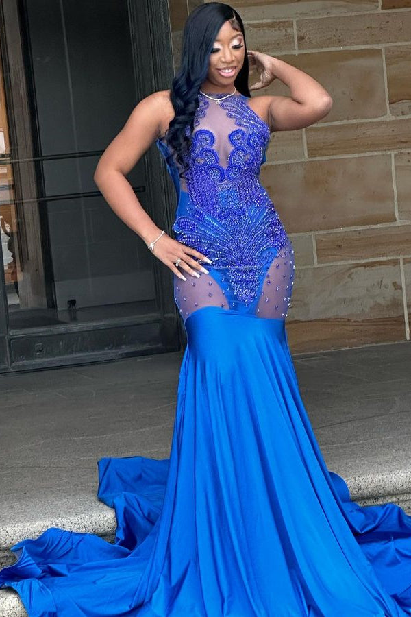 Glorious Royal Blue Lace Sleeveless Mermaid Prom Dress-stylesnuggle