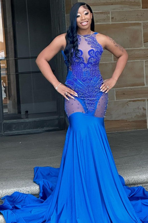 Glorious Royal Blue Lace Sleeveless Mermaid Prom Dress-stylesnuggle