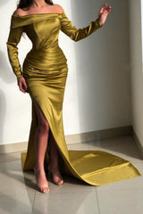 Glorious Yellow Off-the-shoulder Long-Sleeve Mermaid Long-Sleeve Evening Dresses-stylesnuggle