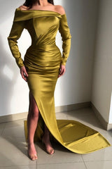 Glorious Yellow Off-the-shoulder Long-Sleeve Mermaid Long-Sleeve Evening Dresses-stylesnuggle