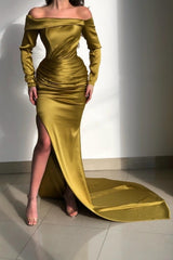 Glorious Yellow Off-the-shoulder Long-Sleeve Mermaid Long-Sleeve Evening Dresses-stylesnuggle