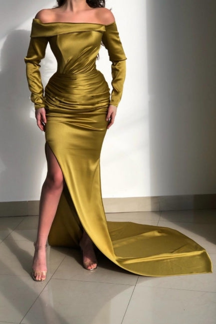 Glorious Yellow Off-the-shoulder Long-Sleeve Mermaid Long-Sleeve Evening Dresses-stylesnuggle