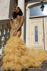 Gold Beads Appliques Fit and Flare Prom Dresses Off-the-Shoulder Tulle Ruffles Evening Gowns-stylesnuggle