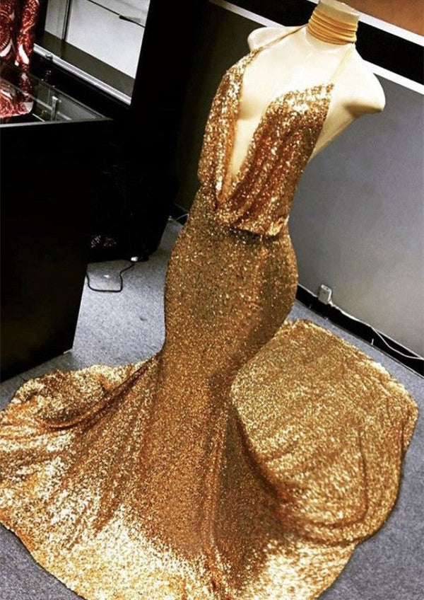 stylesnuggle offers Trendy Gold Charming Sequined Deep Flow Neck Prom Party Gowns on sale. Shop Cheap wholesale price on Halter V-neck Mermaid Evening Dress,  26+ colors & all sizes available,  free delivery worldwide.