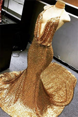 Gold Halter V-neck Mermaid Charming Sequined Deep Flow Neck Prom Party Gowns-stylesnuggle