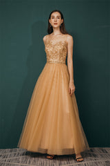 Gold Illusion neck Beaded Appliques Prom Dress-stylesnuggle