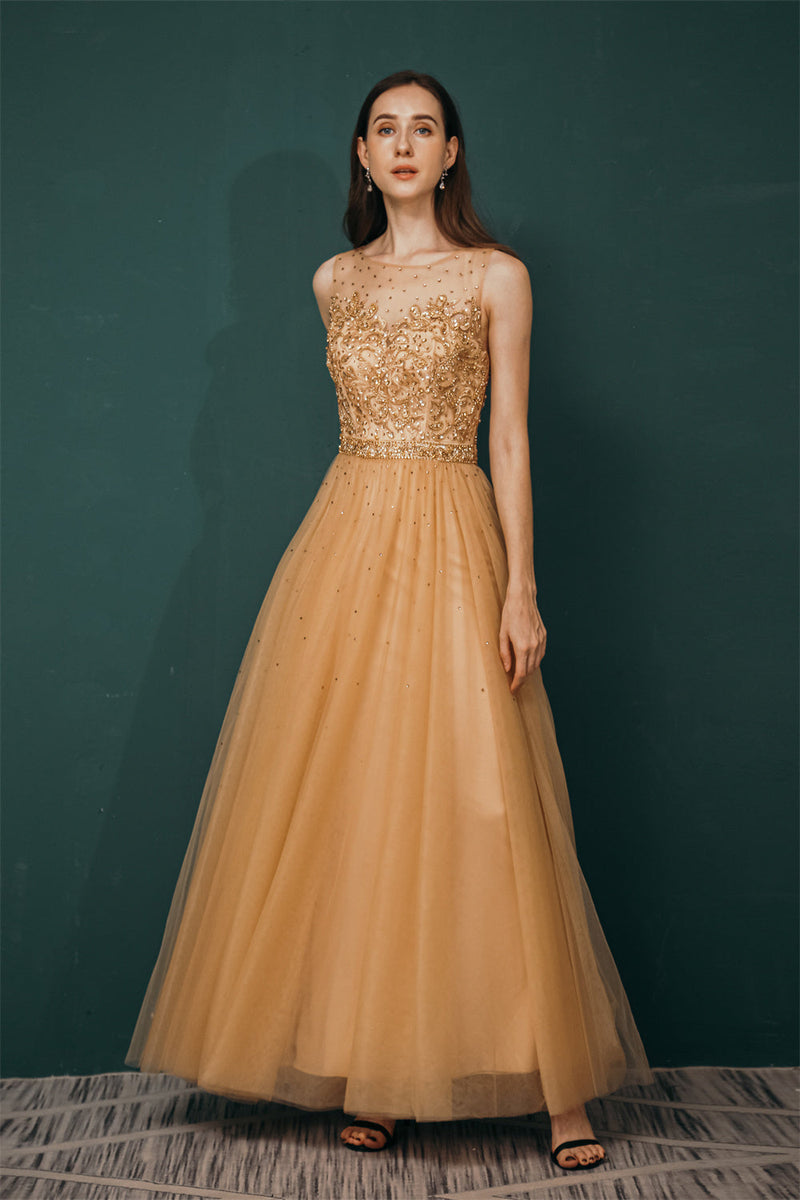 Gold Illusion neck Beaded Appliques Prom Dress-stylesnuggle