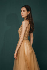 Gold Illusion neck Beaded Appliques Prom Dress-stylesnuggle