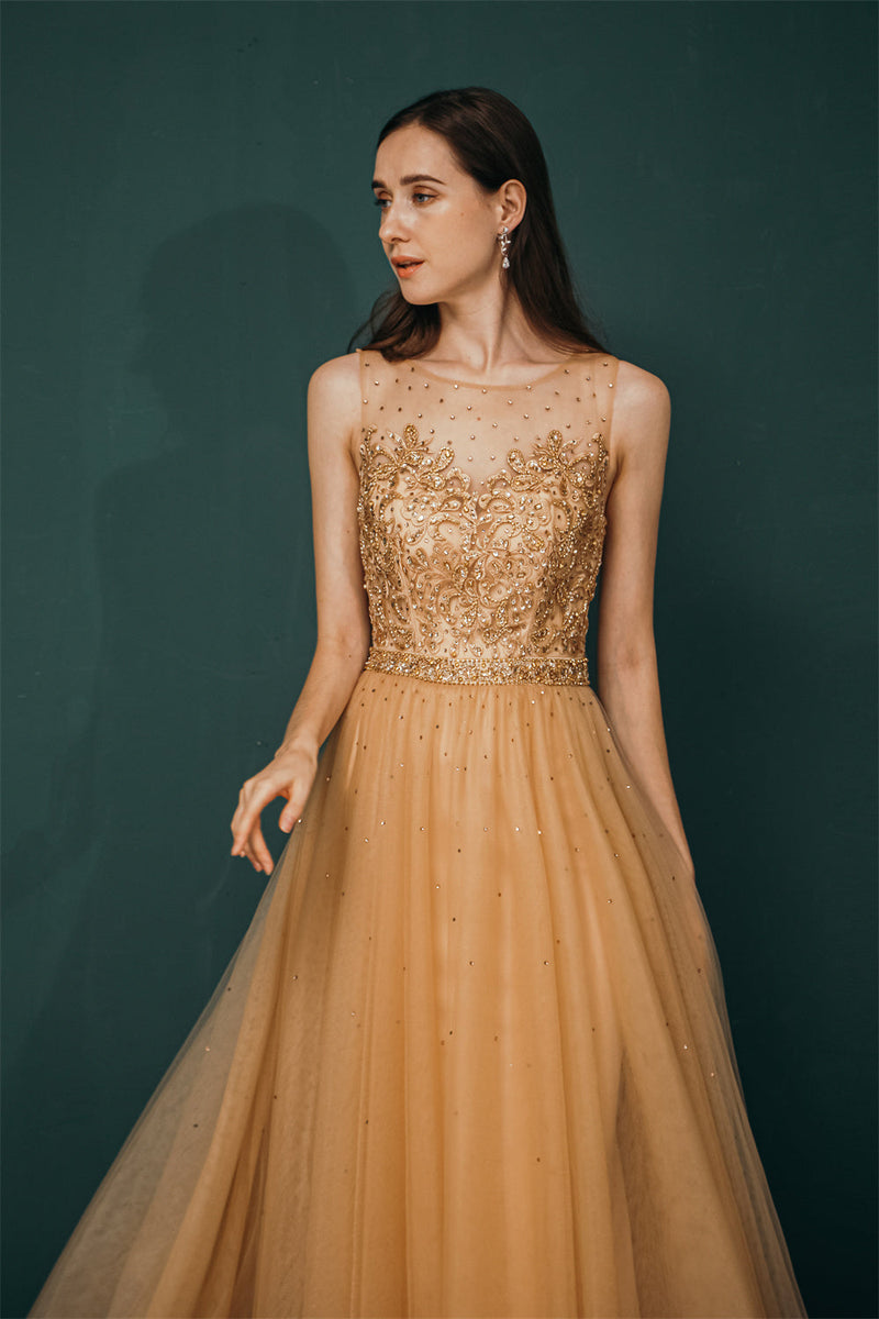 Gold Illusion neck Beaded Appliques Prom Dress-stylesnuggle