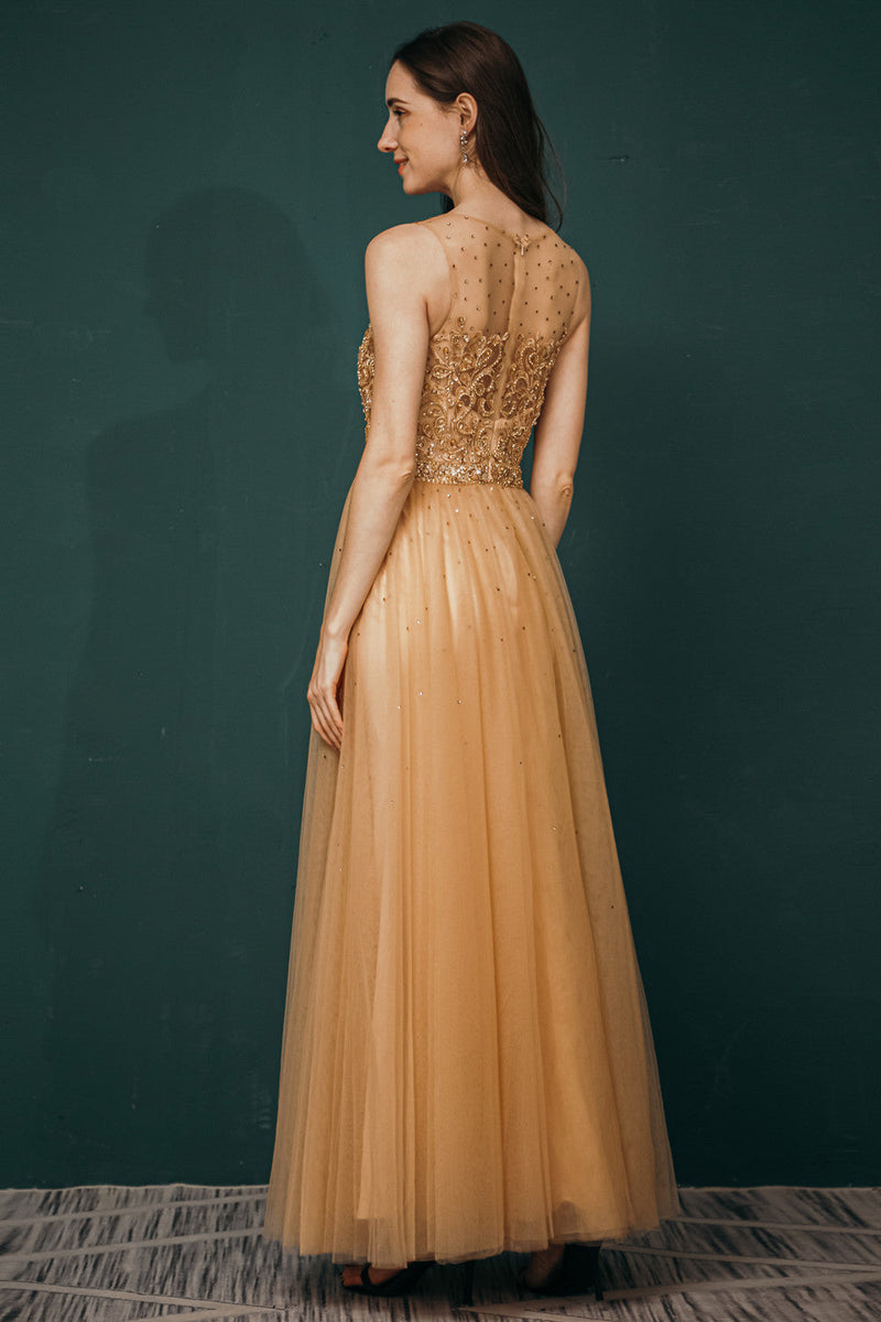 Gold Illusion neck Beaded Appliques Prom Dress-stylesnuggle