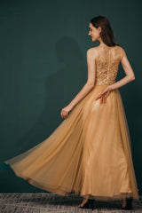 Gold Illusion neck Beaded Appliques Prom Dress-stylesnuggle