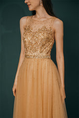 Gold Illusion neck Beaded Appliques Prom Dress-stylesnuggle