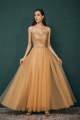 Gold Illusion neck Beaded Appliques Prom Dress-stylesnuggle