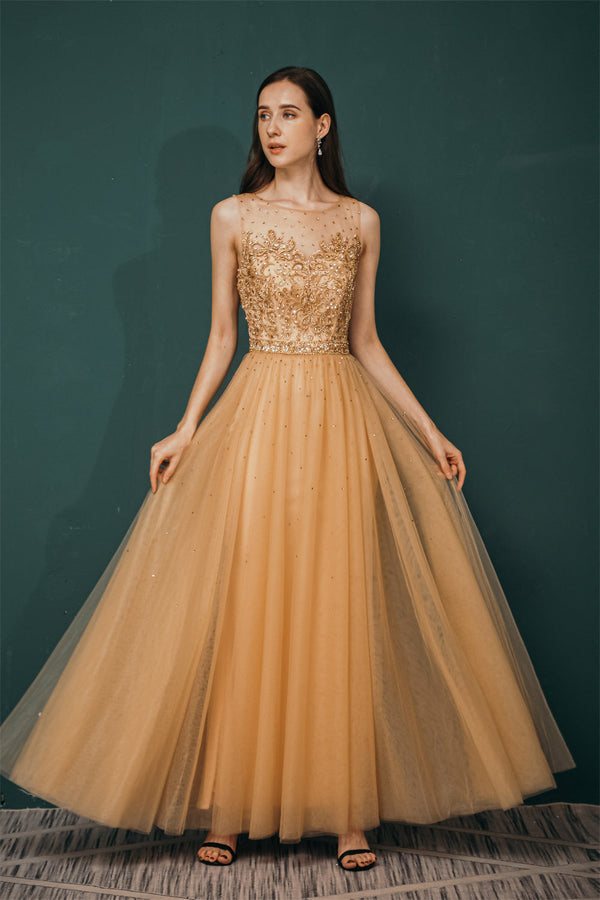 Gold Illusion neck Beaded Appliques Prom Dress-stylesnuggle