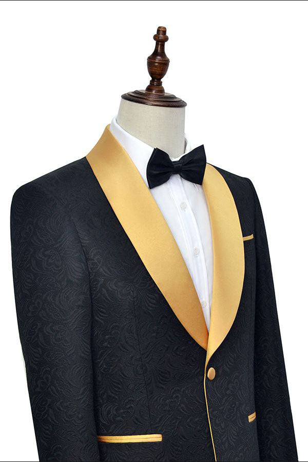 This Gold Shawl Lapel One Button Wedding Tuxedo, Black Jacquard Marriage Suits at stylesnuggle comes in all sizes for prom, wedding and business. Shop an amazing selection of Shawl Lapel Single Breasted Black mens suits in cheap price.