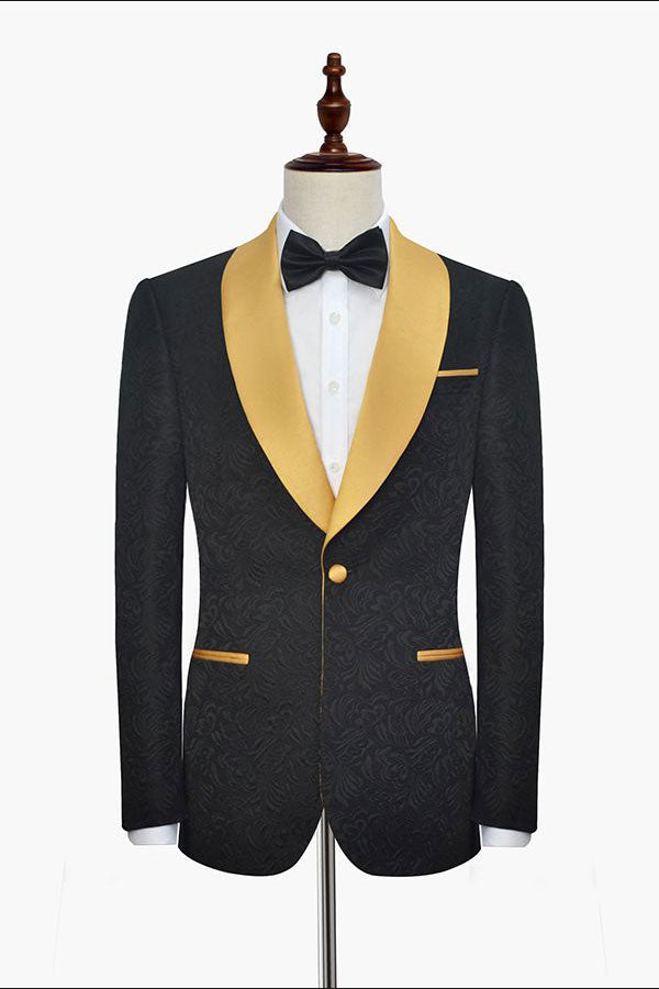 Gold Shawl Lapel One Button Wedding Tuxedo Black Jacquard Prom Suits-stylesnuggle