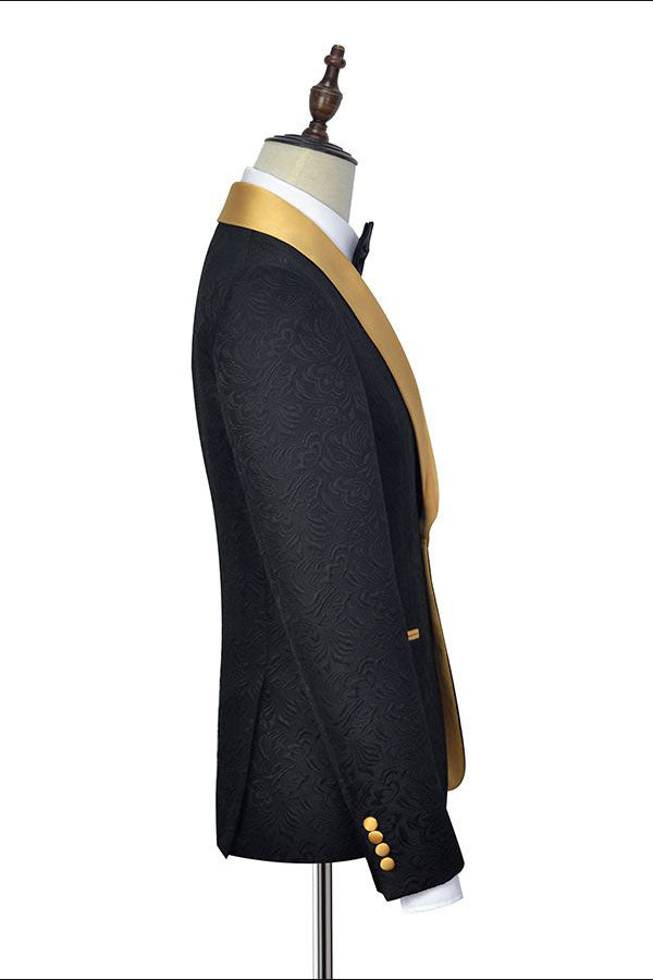 Gold Shawl Lapel One Button Wedding Tuxedo Black Jacquard Prom Suits-stylesnuggle