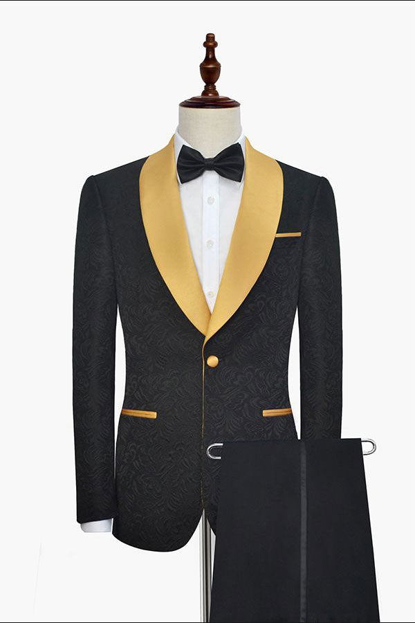 Gold Shawl Lapel One Button Wedding Tuxedo Black Jacquard Prom Suits