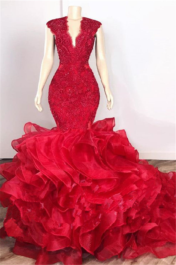 stylesnuggle offers Gorgeous Beads Appliques Red Prom Dresses Ruffles Fit and Flare Alluring Evening Gowns On Sale at an affordable price from to Mermaid skirts. Shop for gorgeous Sleeveless collections for your big day.