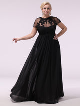 Black Evening Dresses Plus Size Evening Dress Chiffon Lace Applique Illusion Short Sleeves Floor Length Wedding Guest Dress 