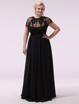 Black Evening Dresses Plus Size Evening Dress Chiffon Lace Applique Illusion Short Sleeves Floor Length Wedding Guest Dress 