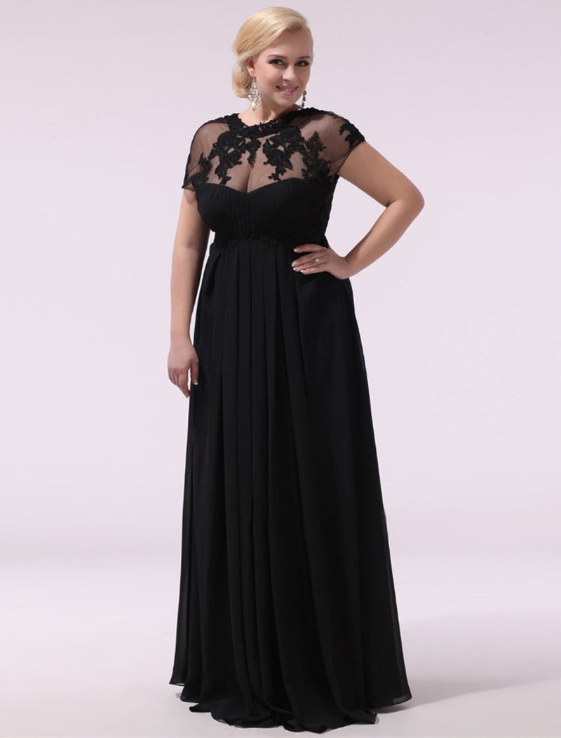 Black Evening Dresses Plus Size Evening Dress Chiffon Lace Applique Illusion Short Sleeves Floor Length Wedding Guest Dress 