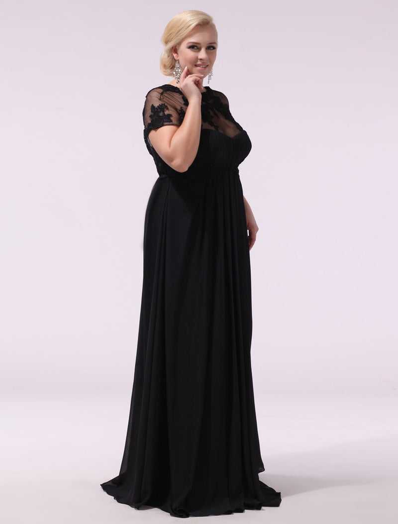 Black Evening Dresses Plus Size Evening Dress Chiffon Lace Applique Illusion Short Sleeves Floor Length Wedding Guest Dress 