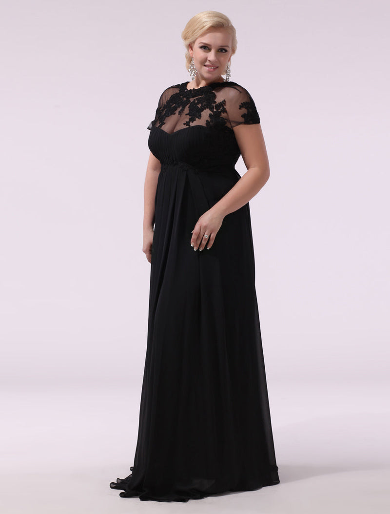 Black Evening Dresses Plus Size Evening Dress Chiffon Lace Applique Illusion Short Sleeves Floor Length Wedding Guest Dress 