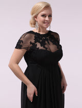 Black Evening Dresses Plus Size Evening Dress Chiffon Lace Applique Illusion Short Sleeves Floor Length Wedding Guest Dress 