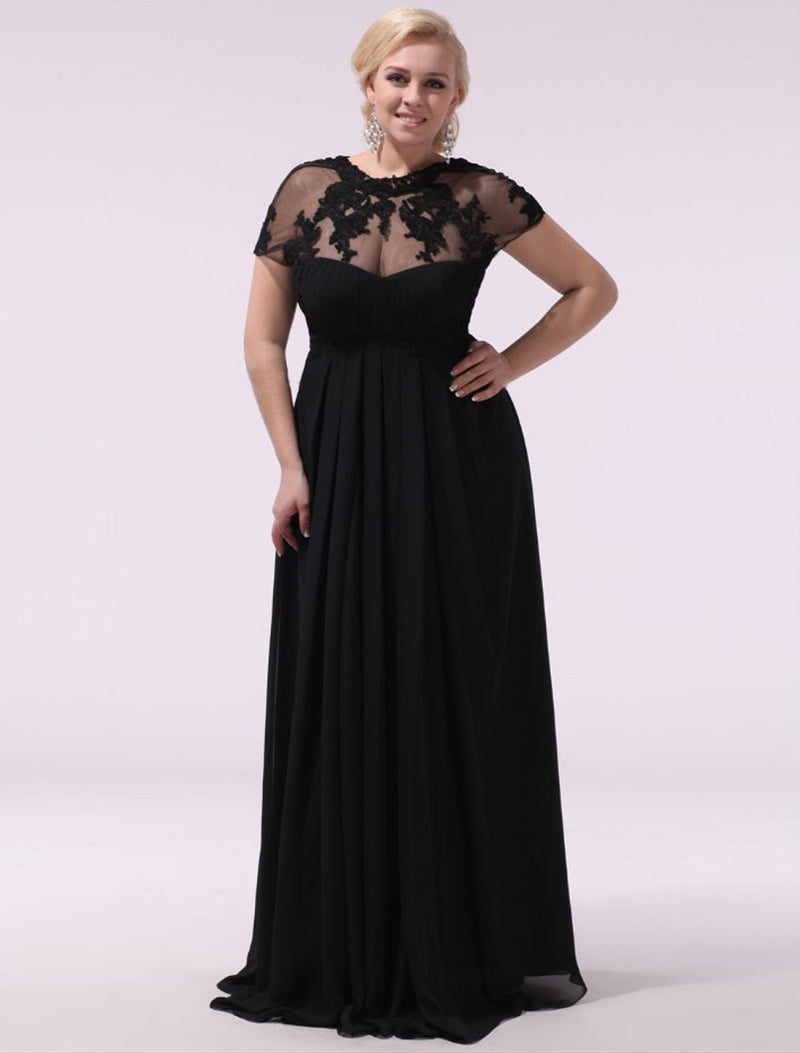 Black Evening Dresses Plus Size Evening Dress Chiffon Lace Applique Illusion Short Sleeves Floor Length Wedding Guest Dress 