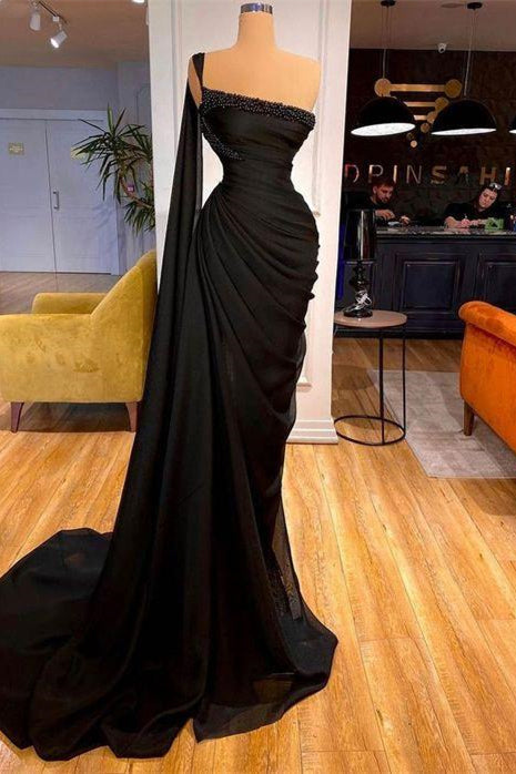 Gorgeous Black One Shoulder Mermaid Prom Dress Long Ruffles-stylesnuggle