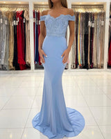 Gorgeous Blue Off-the-shoulder Mermaid Prom Dresses With Lace-stylesnuggle