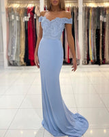 Gorgeous Blue Off-the-shoulder Mermaid Prom Dresses With Lace-stylesnuggle