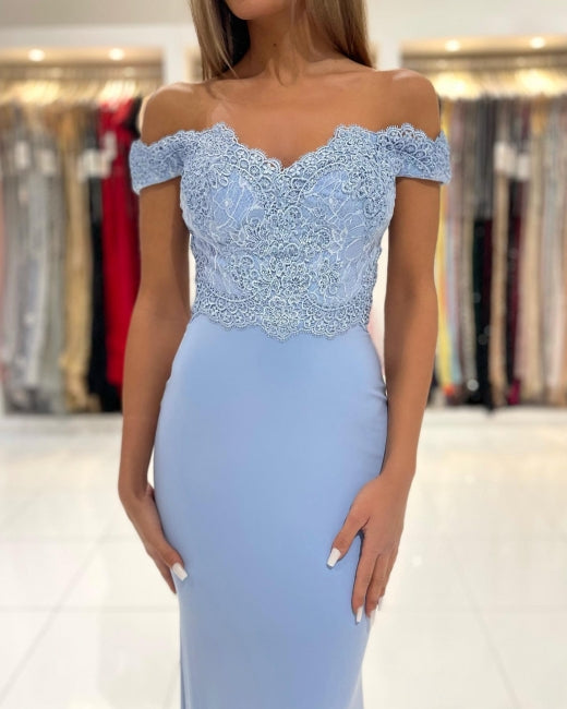 Gorgeous Blue Off-the-shoulder Mermaid Prom Dresses With Lace-stylesnuggle