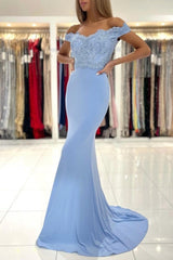 Gorgeous Blue Off-the-shoulder Mermaid Prom Dresses With Lace-stylesnuggle