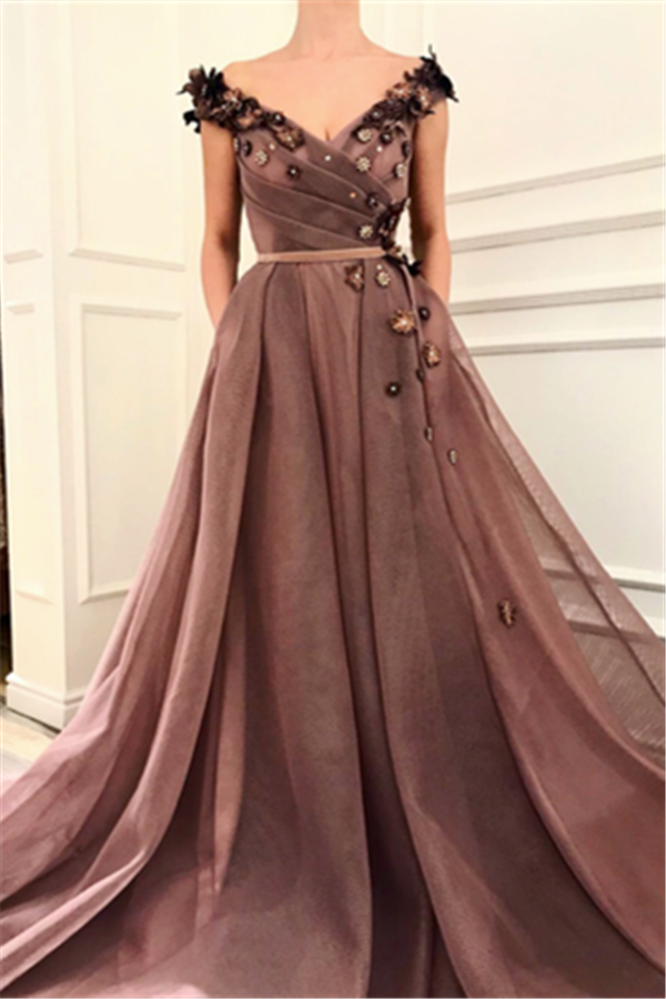 Gorgeous Brown Prom Party Gowns| V-Neck Ball Gown Evening Gowns-stylesnuggle