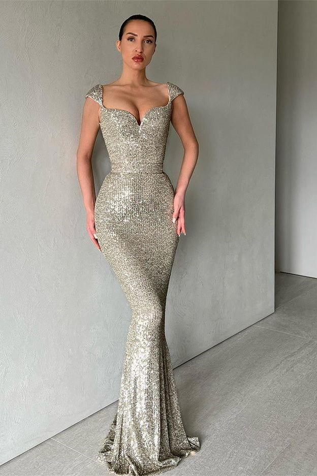 Gorgeous Cap Sleeves Sequins Mermaid Evening Dress Long Sweetheart-stylesnuggle