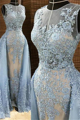 Gorgeous Column Sleleveless Long Evening Dresses Lace Appliques Beading Chic Prom Party Gowns with Overskirt-stylesnuggle