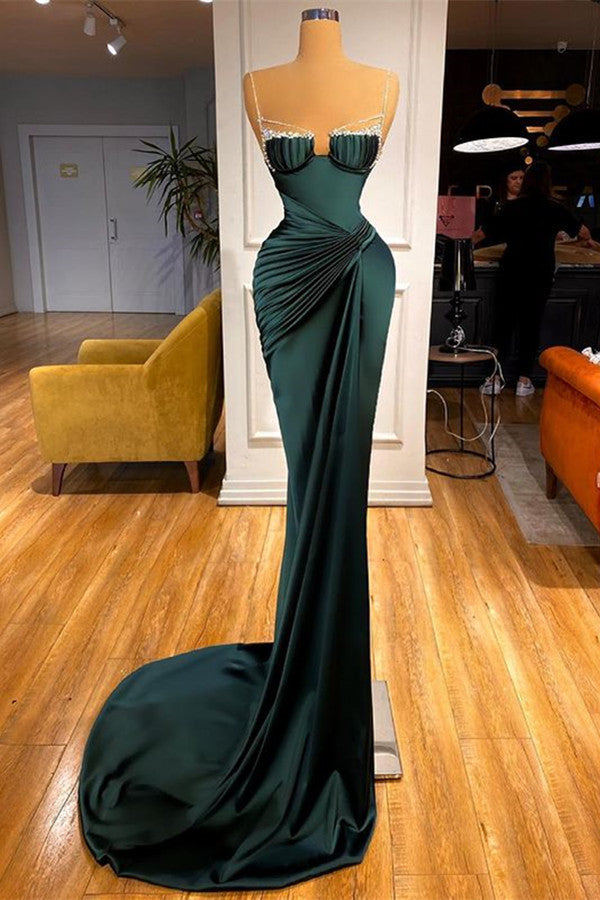 Gorgeous Dark Green Spaghetti-Straps Mermaid Prom Dress With Beadings-stylesnuggle