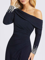 Deep Navy Evening Dress One-Shoulder With Train Long Sleeves Criss-Cross Lycra Spandex Sheath Social Party Dresses