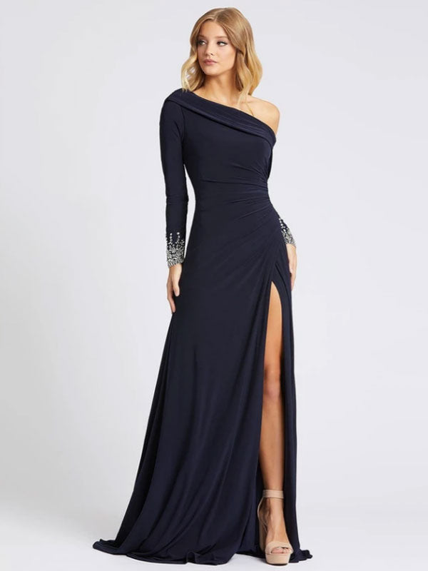 Deep Navy Evening Dress One-Shoulder With Train Long Sleeves Criss-Cross Lycra Spandex Sheath Social Party Dresses