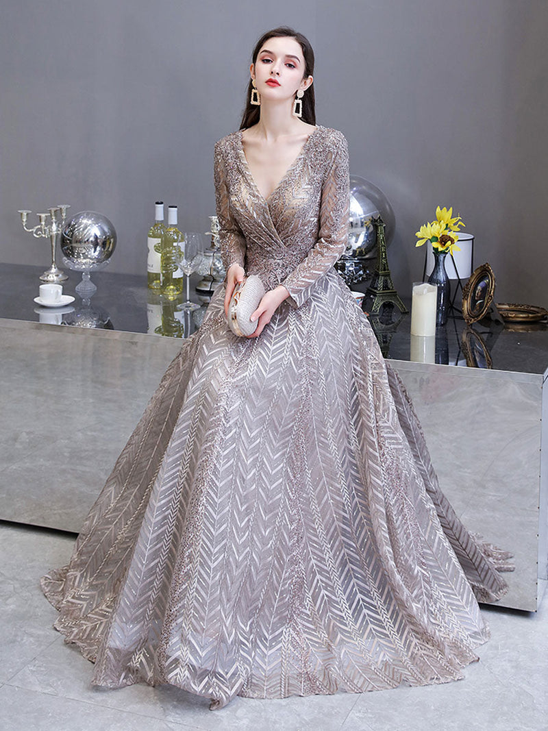 Evening Dress Princess Silhouette V Neck Long Sleeve Lace Sequins Floor Length Social Party Dresses